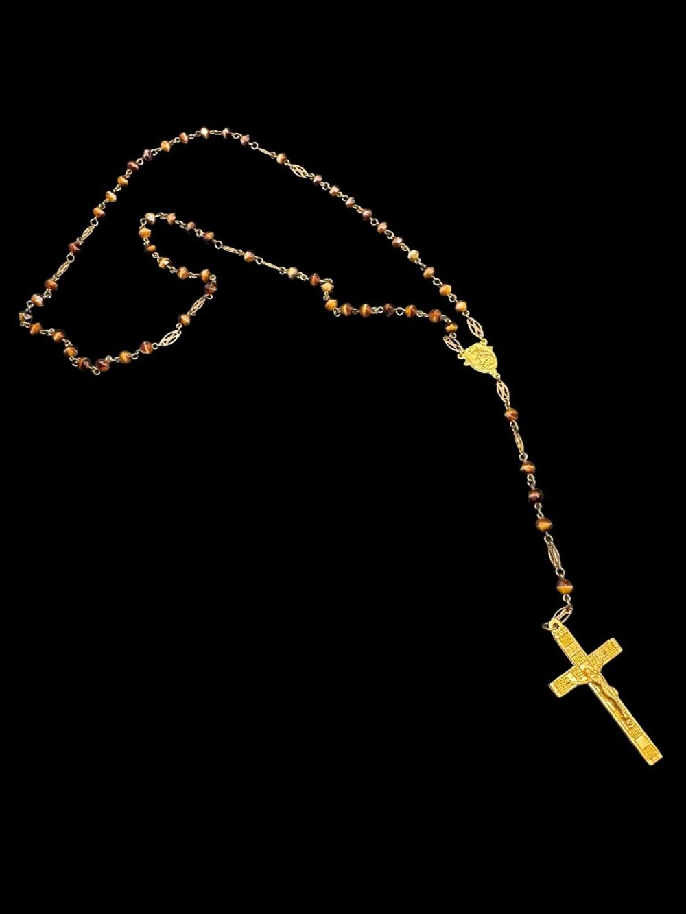 Vintage Rosary Dainty Gold Tone with Small Brown Tiger's Eye-like beads